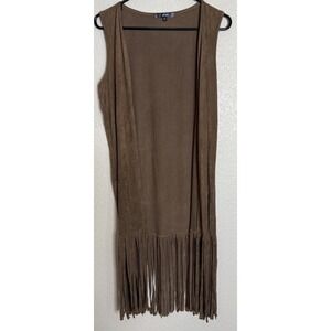 Have Womens‎ Medium Brown Faux Leather Duster Vest Cardigan Fringe Western Boho